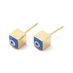 Long-Lasting Plated Cube with Enamel Evil Eye Stud Earring, Real 18K Gold Plated Brass Jewelry for Women, Blue, 6x6mm, Pin: 0.8mm(EJEW-E272-01G-04)