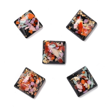 Transparent Resin Cabochons, with Flower & Gold/Silver Foil, Square, Black, 16x16x6mm