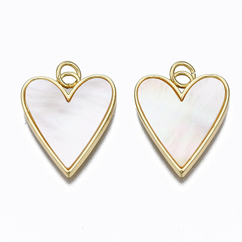 Brass Pendants, with Shell and Jump Rings, Nickel Free, Heart, Real 16K Gold Plated, 21x17.5x2mm, Hole: 3mm