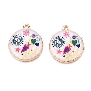 Printed Rack Plating Alloy Enamel Pendants, Golden, Flat Round with Eye & Heart Charm, Colorful, 28.5x25x4mm, Hole: 1.8mm