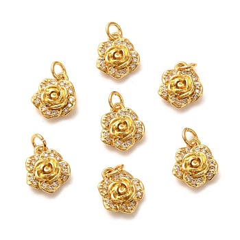 Brass Micro Pave Clear Cubic Zirconia Pendants, Long-Lasting Plated, Flower, Real 18K Gold Plated, 11x9x3.5mm, Hole: 3mm, Ring: 4x1mm