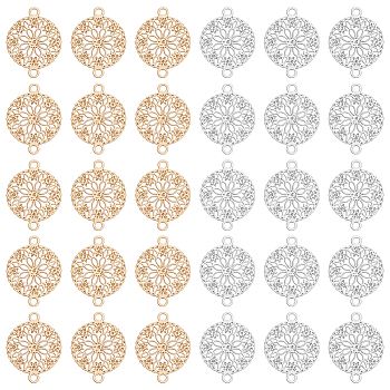 BENECREAT 100Pcs 2 Colors Long-Lasting Plated Brass Connector Charms, Hollow Flat Round Links with Flower, Platinum & Real 18K Gold Plated, 12x15x0.3mm, Hole: 1.4mm, 50pcs/color