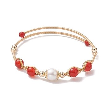 Natural Carnelian Round Beaded Cuff Bangle, Golden Brass Wire Wrapped Bangle, Inner Diameter: 2 inch(5~5.15cm)