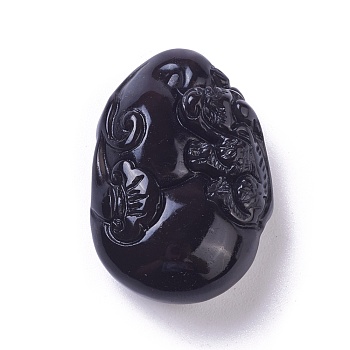 Feng Shui Natural Obsidian Pendants, Carved Teardrop with Pixiu, 34.5x24x12.5mm, Hole: 1.5mm