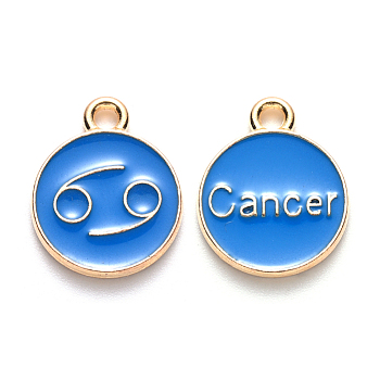 Alloy Enamel Pendants, Cadmium Free & Lead Free, Flat Round with Constellation, Light Gold, Dodger Blue, Cancer, 15x12x2mm, Hole: 1.5mm