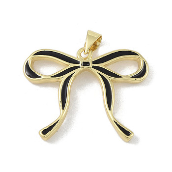 Brass Pendants, with Enamel, Bowknot Charm, Real 18K Gold Plated, Black, 21.5x28x3.5mm, Hole: 5x3mm