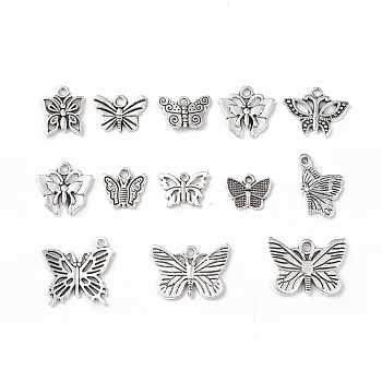 Tibetan Style Alloy Pendants, Butterfly Charms, Antique Silver, 12~17x13~22x2mm, Hole: 2mm, 22pcs/set