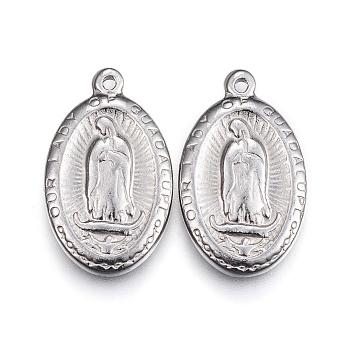 304 Stainless Steel Lady of Guadalupe Pendants, Oval with Holy Virgin Mary, Stainless Steel Color, 23x14x2.5mm, Hole: 1.2mm