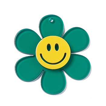 Transparent Acrylic Big Pendants, Sunflower with Smiling Face Charm, Teal, 55x50.5x6mm, Hole: 2.5mm