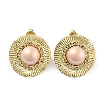 Flat Round Real 14K Gold Plated 304 Stainless Steel Stud Earrings, with Natural Shell, Seashell Color, 26x25.5mm
