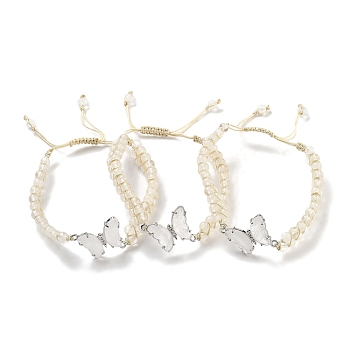 Natural Quartz Crystal Braided Round Bead Bracelets, Adjustable Brass Rock Crystal Butterfly Bracelets for Women, Inner Diameter: 2-1/8~3-1/4 inch(5.5~8.1cm)