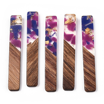 Transparent Resin & Walnut Wood Big Pendants, with Gold Foil, Rectangle Charms, Dark Orchid, 51.5x7.5x3mm, Hole: 1.8mm