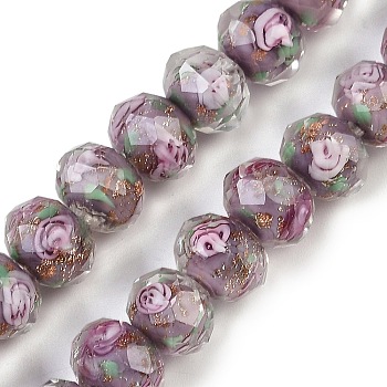 Handmade Gold Sand Lampwork Beads Strands, Inner Flower, Faceted, Rondelle, Dark Gray, 10x7.5mm, Hole: 1.6mm, about 60pcs/strand, 17.72''(45cm)