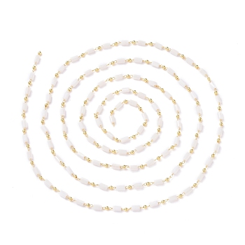3.28 Feet Handmade Glass Beaded Chains, Soldered, with Brass Findings, Long-Lasting Plated, Real 18K Gold Plated, Cuboid, White, 4.5x2.5~3x2.5~3mm, 2mm
