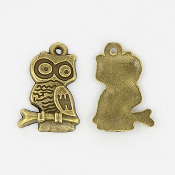 Tibetan Style Alloy Pendants, Lead Free & Cadmium Free & Nickel Free, Owl, Halloween Jewelry, Antique Bronze, 22x15x3mm, Hole: 2mm