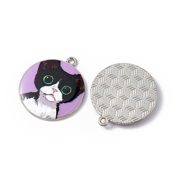 Printed Alloy Pendants, Platinum, Flat Round with Cat Charm, Lilac, 28x25x3mm, Hole: 1.8mm
