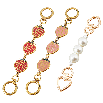 3Pcs 3 Style Alloy Enamel Strawberry Link Purse Strap Extenders, Imitation Pearl Beaded Chain Purse Strap Extenders, with Alloy Spring Gate Rings, Mixed Color, 16.5~19.5cm, 1pc/style