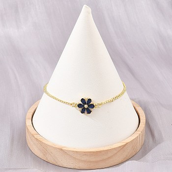 Brass Pave Cubic Zirconia Flower Link Bracelets for Women, Rack Plating, Long-Lasting Plated, Cadmium Free & Lead Free, Real 18K Gold Plated, Blue, 7.58 inch(19.25cm)