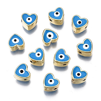 Alloy Enamel Beads, Cadmium Free & Lead Free, Light Gold, Heart with Eye, Dodger Blue, 7.5x8x5mm, Hole: 1.4mm