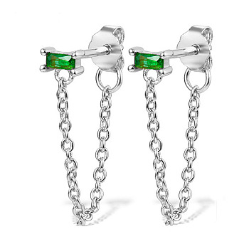 Rhodium Plated Platinum 925 Sterling Silver Chains Front Back Stud Earrings, with Rectangle Cubic Zirconia, Green, 48x4mm