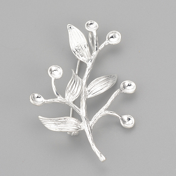 Brass Brooch Rhinestone Settings, Branch, Silver Color Plated, 52x36mm, Hole: 4x6mm, Pin 1mm, Fit for 3mm Rhinestone