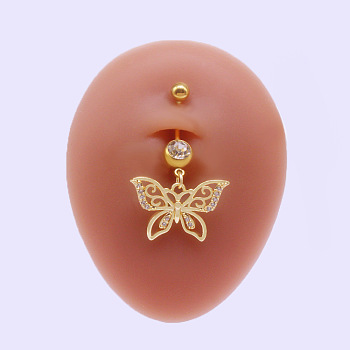 316L Surgical Stainless Steel Micro Pave Clear Cubic Zirconia Belly Rings, Golden, Butterfly, Bar Length: 3/8"(10mm), Pin: 1.6mm