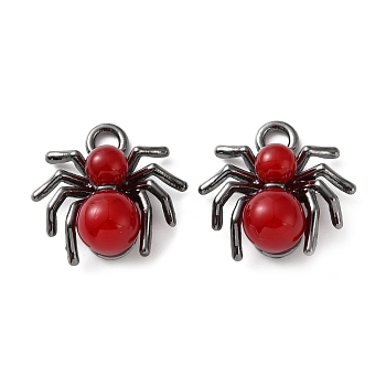 Gothic Alloy & Resin Pendants, Spider Charms, Gunmetal, Red, 15x15x7mm, Hole: 2mm