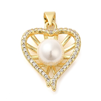 Rack Plating Brass Micro Pave Cubic Zirconia Pendants, with Plastic Imitation Pearl Beads, Cadmium Free & Lead Free, Long-Lasting Plated, Heart, Real 18K Gold Plated, 21x17.5x9mm, Hole: 5x3.5mm