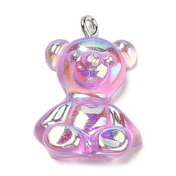 Transparent Resin Pendants, Iridescent Bear Charms with Platinum Plated Iron Loops, Plum, 24.5~25.5x17~18x8~8.5mm, Hole: 1.8mm