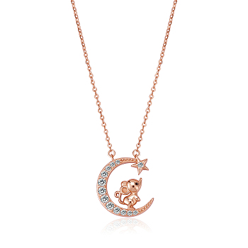 Chinese Zodiac Necklace Mouse Necklace 925 Sterling Silver Rose Gold Rat on the Moon Pendant Charm Necklace Zircon Moon and Star Necklace Cute Animal Jewelry Gifts for Women, Mouse, 15 inch(38cm)