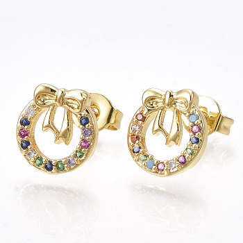 Brass Micro Pave Cubic Zirconia(Random Mixed Color) Ear Studs, with Ear Nuts, Bowknot, Golden, 9.5x9mm, Pin: 0.7mm