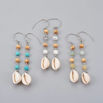 Round Natural & Synthetic Mixed Stone Dangle Earrings, with Cowrie Shell, Wood Beads and 304 Stainless Steel Earring Hooks, Stainless Steel Color, 85~89mm, Pin: 0.7mm