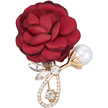 Cloth Flower Brooch, with Alloy Pin, Rhinestone amd ABS Plastic, Dark Red, 59x39x28mm