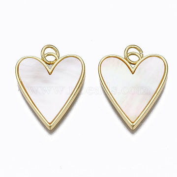 Brass Pendants, with Shell and Jump Rings, Nickel Free, Heart, Real 16K Gold Plated, 21x17.5x2mm, Hole: 3mm(KK-N237-012-NF)