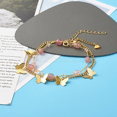 Ensemble de bracelets de cheville en perles de quartz fraise naturelle pour fille femme(AJEW-AN00450-03)-4