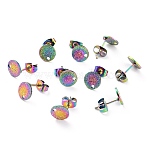 Ion Plating(IP) 304 Stainless Steel Stud Earring Findings, Textured Flat Round, Rainbow Color, 8x1mm, Hole: 1.4mm, Pin: 0.8mm(STAS-O144-01A-M)