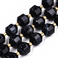 Natural Agate Beads Strands, Faceted, with Seed Beads, Dyed, Round, Black, 10.5x9.5mm, Hole: 1.2mm, about 31~32pcs/strand, 14.96 inch(38cm)(G-T131-82B-01)