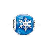 TINYSAND Barrel 925 Sterling Silver Sea Blue Snowflake Charm European Beads, Christmas, Large Hole Beads, Platinum, 12.92x12.83x12.93mm, Hole: 4.53mm(TS-C-005)
