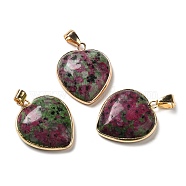 Natural Ruby in Zoisite Pendants, Heart Charms, with Golden Tone Iron and Brass Findings, 29x24~24.5x6~6.5mm, Hole: 7~7.3x3.8~4.3mm(G-K335-04G-12)