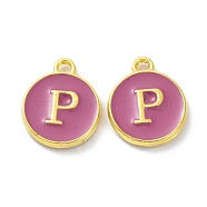 Golden Plated Alloy Enamel Charms, Cadmium Free & Lead Free, Enamelled Sequins, Flamingo, Flat Round with Letter, Letter.P, 14x12x2mm, Hole: 1.4mm(ENAM-XCP0001-13P)