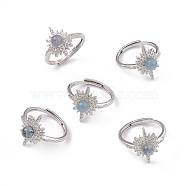 Sun Natural Aquamarine Adjustable Rings, Platinum Tone Brass Jewelry for Women, 2mm, Inner Diameter: 17mm(KK-G273-06P-02)