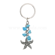 Alloy Pendant Keychains, with Iron Keychain Ring and Synthetic Turquoise Chip, Starfish, 8.2cm(KEYC-JKC00581-02)