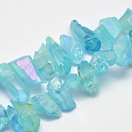 Electroplated Natural Quartz Crystal Beads Strands, Nuggets, Tusk Shape, AB Color, Dyed, Pale Turquoise, 7~15x18~60mm, Hole: 1mm, about 46pcs/strand, 16 inch(G-A142-03A)
