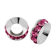 Brass Rhinestone Spacer Beads, Grade A, Rondelle, Silver Color Plated, Fuchsia, 9x4mm(RB-A020-9mm-24S)