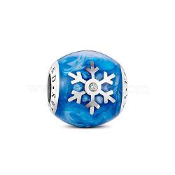 TINYSAND Barrel 925 Sterling Silver Sea Blue Snowflake Charm European Beads, Christmas, Large Hole Beads, Platinum, 12.92x12.83x12.93mm, Hole: 4.53mm(TS-C-005)