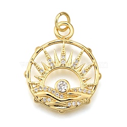 Rack Plating Brass Micro Pave Cubic Zirconia Pendants, Flat Round with Sun, with Jump Ring, Cadmium Free & Lead Free, Long-Lasting Plated, Real 18K Gold Plated, Clear, 24x20x3mm, Hole: 3.5mm(KK-K401-48B-G)