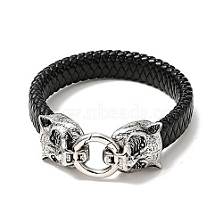 PU Imitation Leather Braided Cord Bracelet, 304 Stainless Steel Tiger Clasp Gothic Bracelet for Men Women, Antique Silver, 8-3/4 inch(22.1cm)(BJEW-E009-08AS)