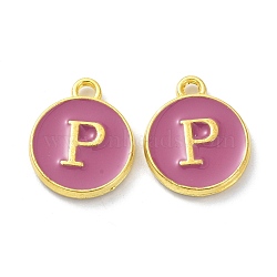 Golden Plated Alloy Enamel Charms, Cadmium Free & Lead Free, Enamelled Sequins, Flamingo, Flat Round with Letter, Letter.P, 14x12x2mm, Hole: 1.4mm(ENAM-XCP0001-13P)