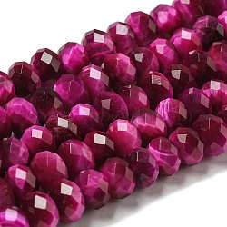 Natural Tiger Eye Beads Strands, Faceted, Dyed, Rondelle, Fuchsia, 6x4~4.5mm, Hole: 1mm, about 91pcs/strand, 15.31''~15.35''(38.9~39cm)(G-K351-B07-02)