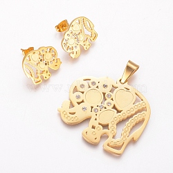 304 Stainless Steel Jewelry Sets, Ear Studs and Pendants, with Rhinestone and Ear Nuts/Earring Back, Elephant, Golden, Ear Studs: 14x18.5mm, Pin: 0.7mm, Pendant: 32.5x37.5x2.5mm, Hole: 8x5mm(SJEW-I199-01G)